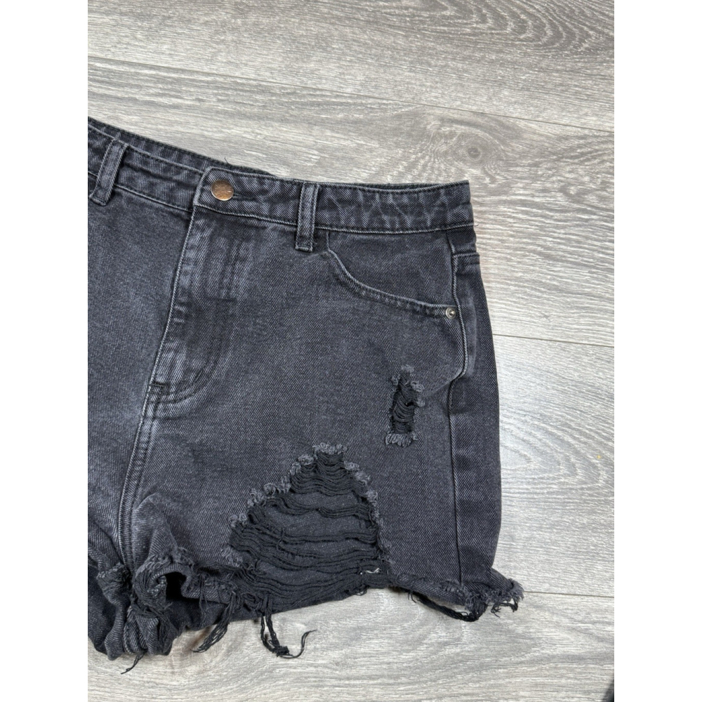 Pretty Little Thing Black Destroyed Jean Shorts Raw Hem Hi Rise Women's Size 8 - Picture 3 of 6